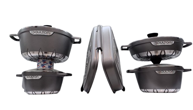 تصویر سرویس قابلمه چدن Ballentine با پوشش بایوگرانیت Hardenise و رنگ کورهای ضد خش